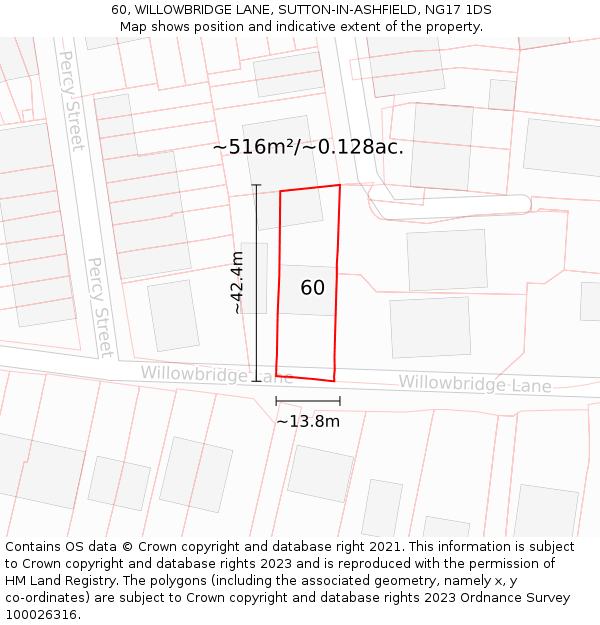 60, WILLOWBRIDGE LANE, SUTTON-IN-ASHFIELD, NG17 1DS: Plot and title map