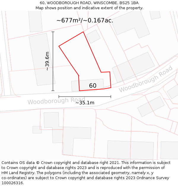 60, WOODBOROUGH ROAD, WINSCOMBE, BS25 1BA: Plot and title map