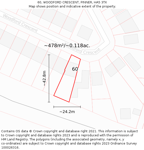 60, WOODFORD CRESCENT, PINNER, HA5 3TX: Plot and title map