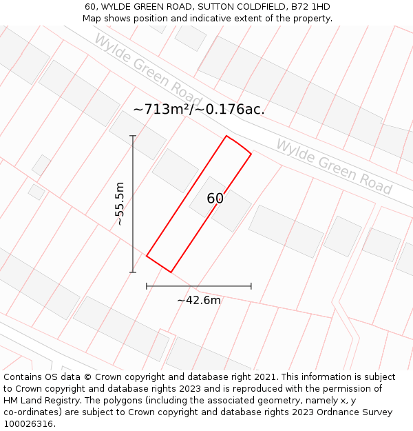 60, WYLDE GREEN ROAD, SUTTON COLDFIELD, B72 1HD: Plot and title map