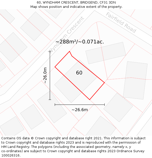 60, WYNDHAM CRESCENT, BRIDGEND, CF31 3DN: Plot and title map