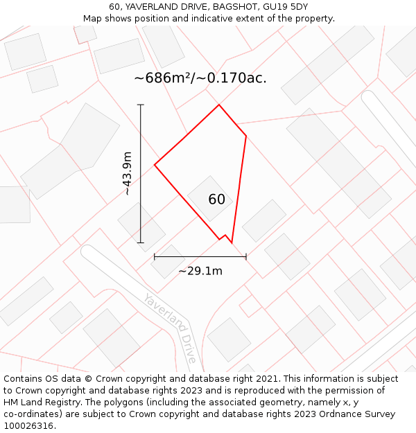 60, YAVERLAND DRIVE, BAGSHOT, GU19 5DY: Plot and title map