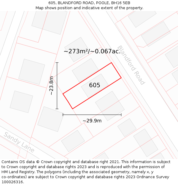 605, BLANDFORD ROAD, POOLE, BH16 5EB: Plot and title map