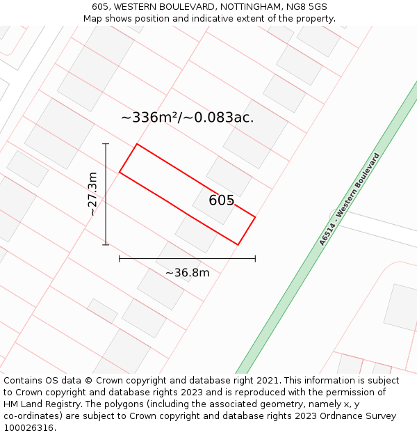 605, WESTERN BOULEVARD, NOTTINGHAM, NG8 5GS: Plot and title map