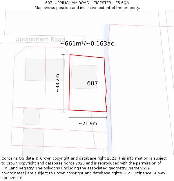 607, UPPINGHAM ROAD, LEICESTER, LE5 6QA: Plot and title map