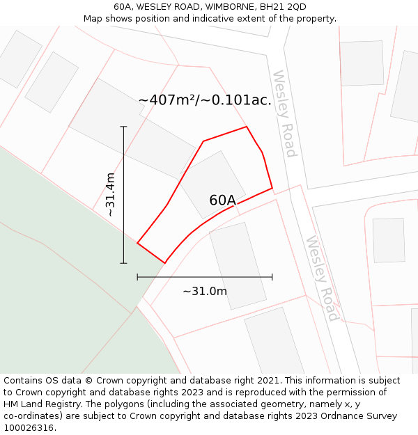 60A, WESLEY ROAD, WIMBORNE, BH21 2QD: Plot and title map