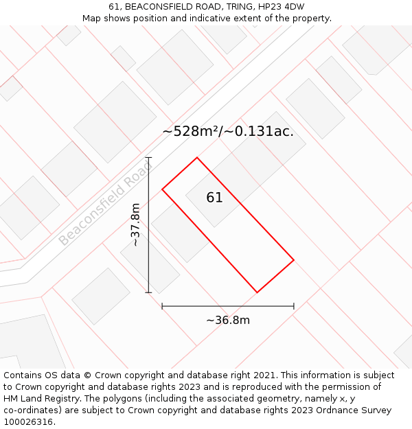 61, BEACONSFIELD ROAD, TRING, HP23 4DW: Plot and title map