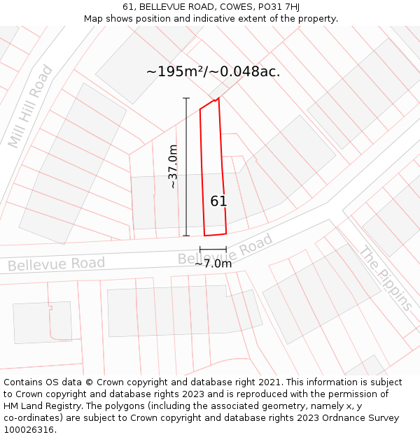 61, BELLEVUE ROAD, COWES, PO31 7HJ: Plot and title map