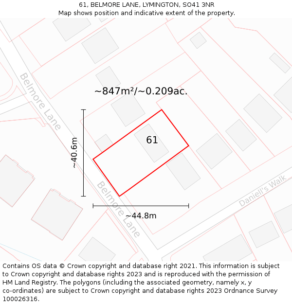 61, BELMORE LANE, LYMINGTON, SO41 3NR: Plot and title map