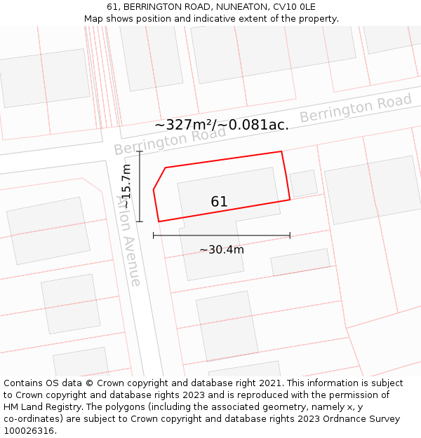 61, BERRINGTON ROAD, NUNEATON, CV10 0LE: Plot and title map