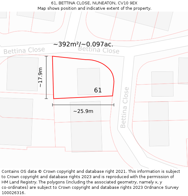 61, BETTINA CLOSE, NUNEATON, CV10 9EX: Plot and title map