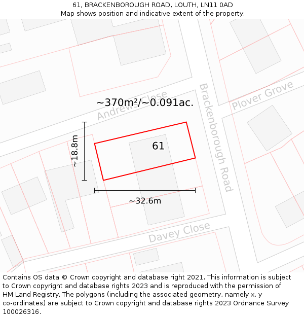 61, BRACKENBOROUGH ROAD, LOUTH, LN11 0AD: Plot and title map