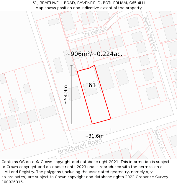 61, BRAITHWELL ROAD, RAVENFIELD, ROTHERHAM, S65 4LH: Plot and title map