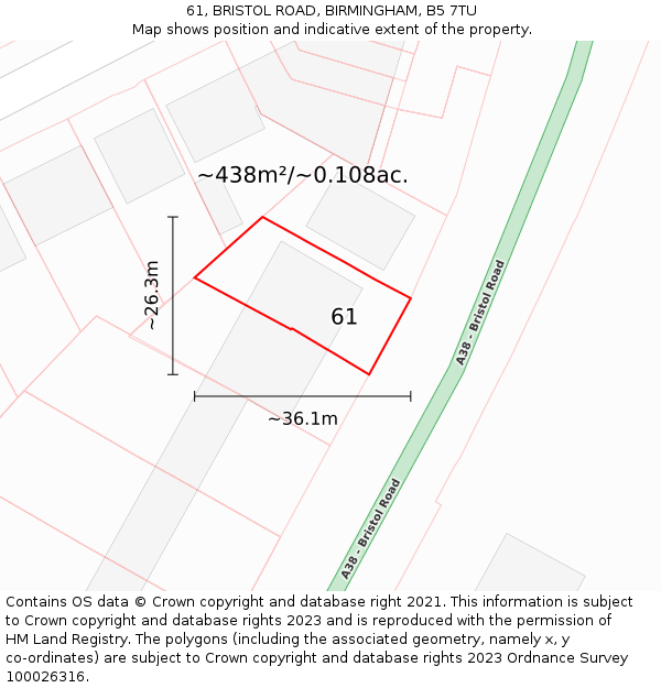 61, BRISTOL ROAD, BIRMINGHAM, B5 7TU: Plot and title map