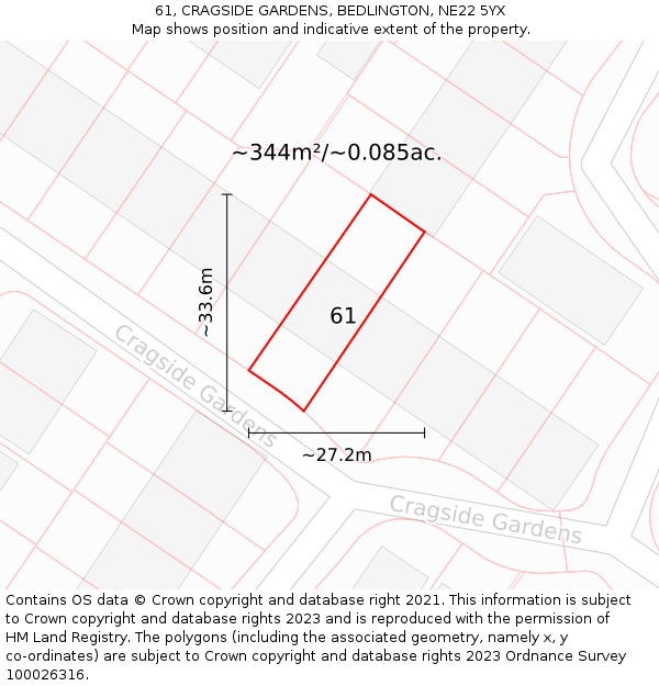 61, CRAGSIDE GARDENS, BEDLINGTON, NE22 5YX: Plot and title map