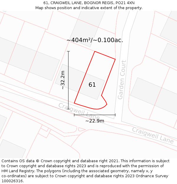 61, CRAIGWEIL LANE, BOGNOR REGIS, PO21 4XN: Plot and title map