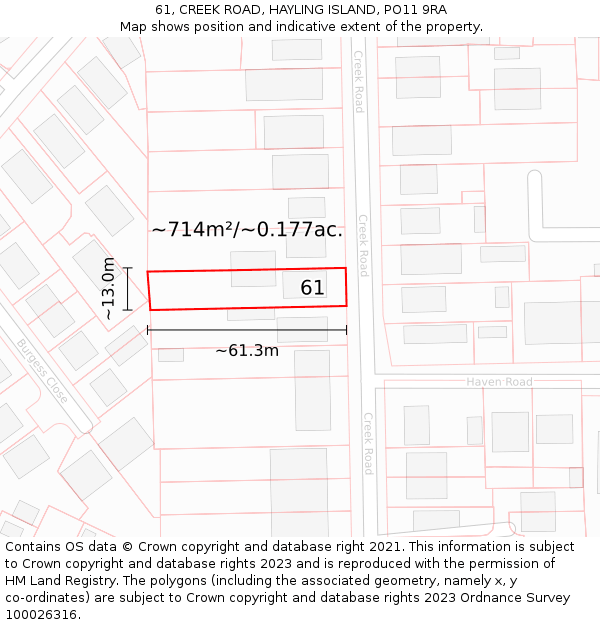 61, CREEK ROAD, HAYLING ISLAND, PO11 9RA: Plot and title map