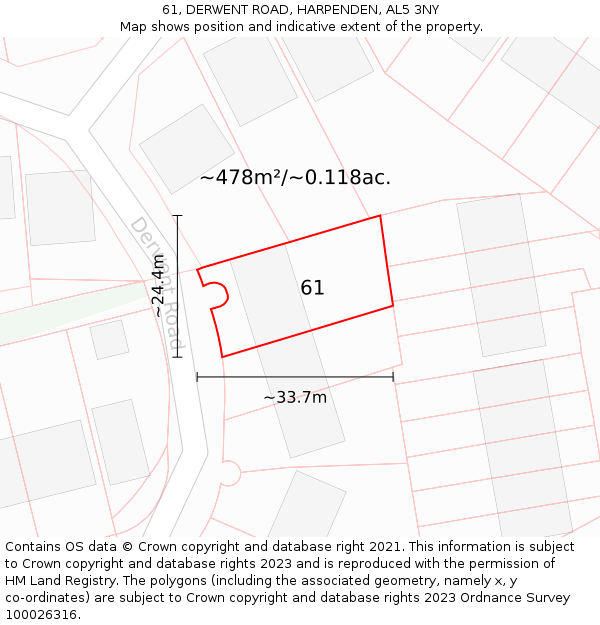 61, DERWENT ROAD, HARPENDEN, AL5 3NY: Plot and title map