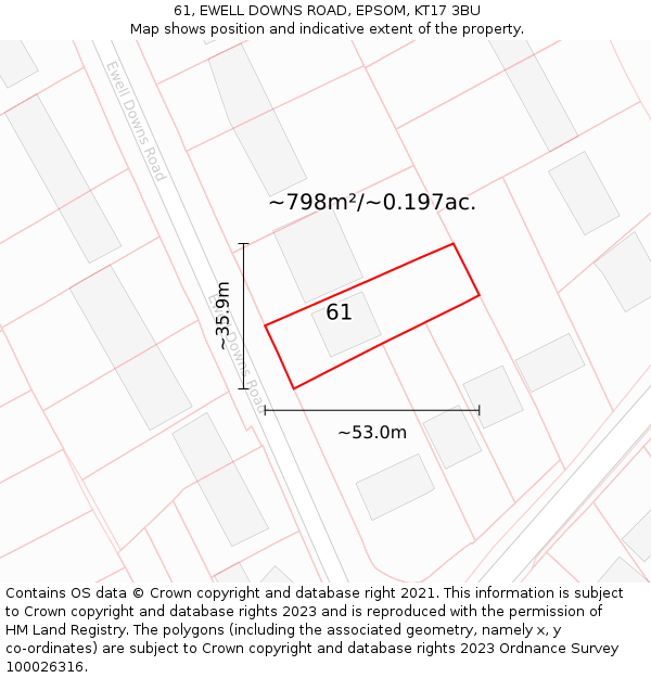 61, EWELL DOWNS ROAD, EPSOM, KT17 3BU: Plot and title map