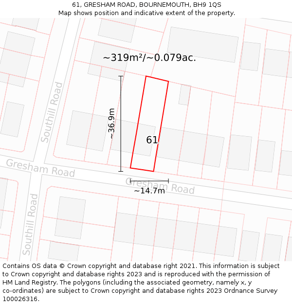 61, GRESHAM ROAD, BOURNEMOUTH, BH9 1QS: Plot and title map