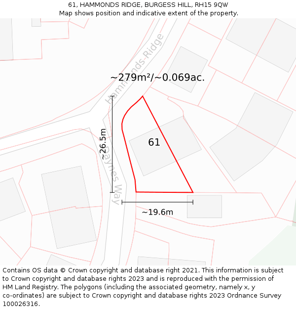 61, HAMMONDS RIDGE, BURGESS HILL, RH15 9QW: Plot and title map