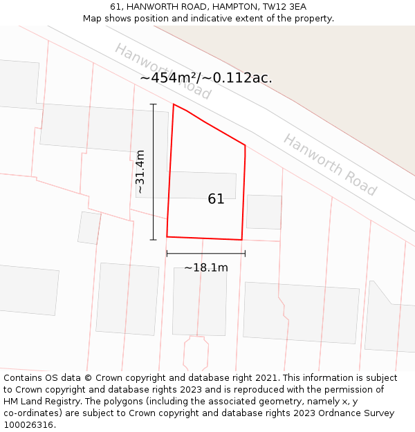 61, HANWORTH ROAD, HAMPTON, TW12 3EA: Plot and title map