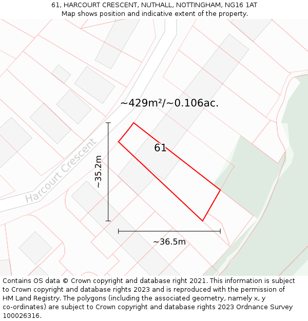 61, HARCOURT CRESCENT, NUTHALL, NOTTINGHAM, NG16 1AT: Plot and title map
