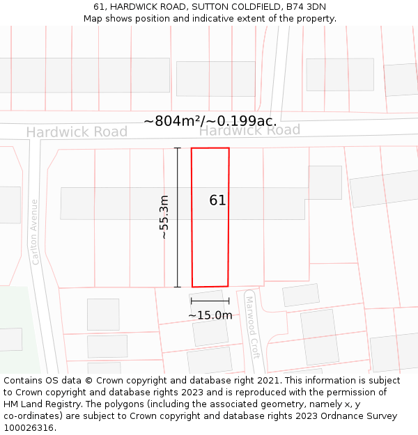 61, HARDWICK ROAD, SUTTON COLDFIELD, B74 3DN: Plot and title map