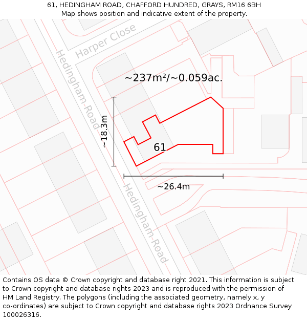 61, HEDINGHAM ROAD, CHAFFORD HUNDRED, GRAYS, RM16 6BH: Plot and title map