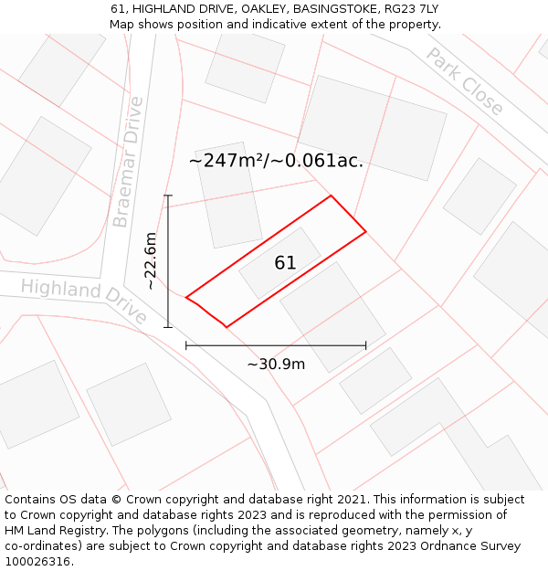 61, HIGHLAND DRIVE, OAKLEY, BASINGSTOKE, RG23 7LY: Plot and title map