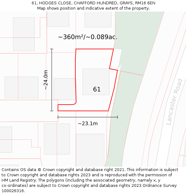 61, HODGES CLOSE, CHAFFORD HUNDRED, GRAYS, RM16 6EN: Plot and title map