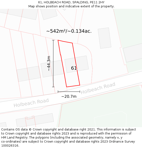 61, HOLBEACH ROAD, SPALDING, PE11 2HY: Plot and title map