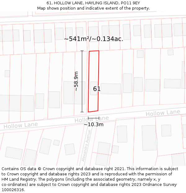 61, HOLLOW LANE, HAYLING ISLAND, PO11 9EY: Plot and title map