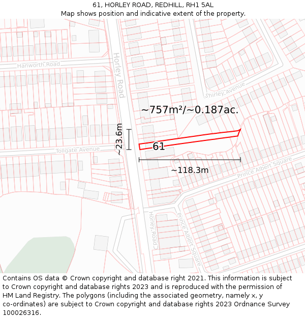 61, HORLEY ROAD, REDHILL, RH1 5AL: Plot and title map