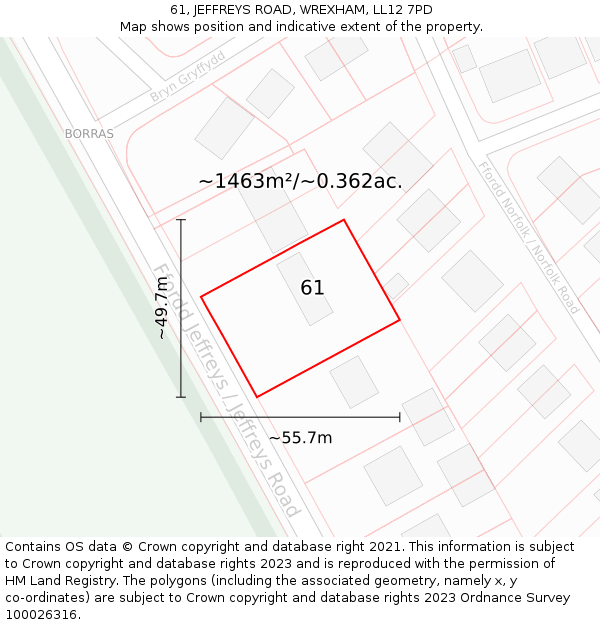 61, JEFFREYS ROAD, WREXHAM, LL12 7PD: Plot and title map