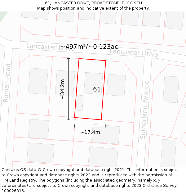 61, LANCASTER DRIVE, BROADSTONE, BH18 9EH: Plot and title map