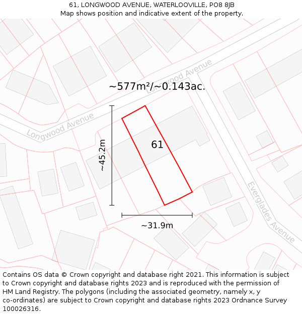 61, LONGWOOD AVENUE, WATERLOOVILLE, PO8 8JB: Plot and title map