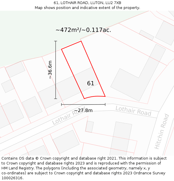 61, LOTHAIR ROAD, LUTON, LU2 7XB: Plot and title map