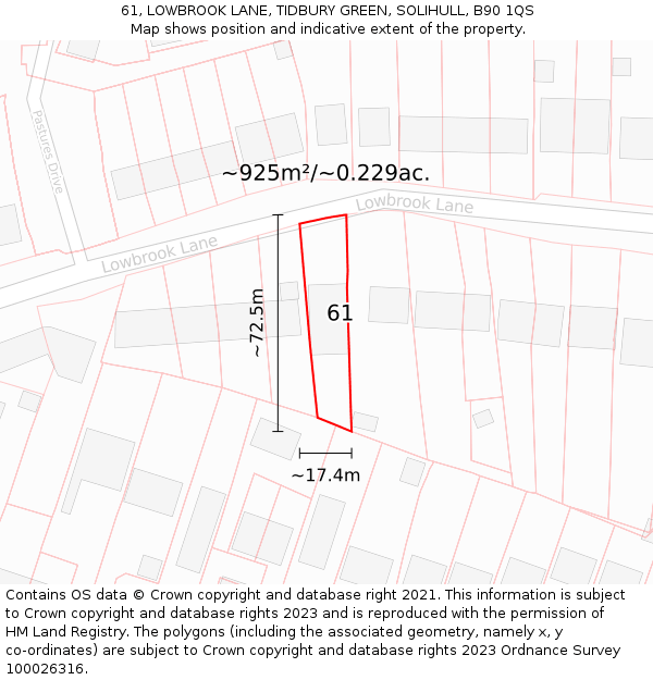 61, LOWBROOK LANE, TIDBURY GREEN, SOLIHULL, B90 1QS: Plot and title map