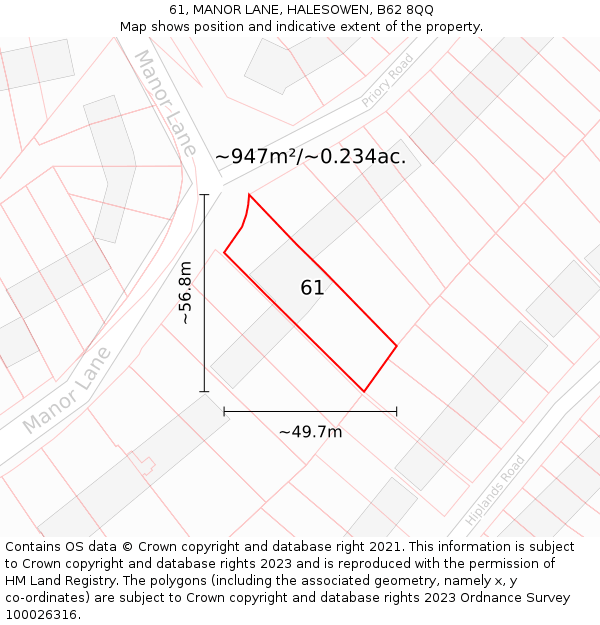 61, MANOR LANE, HALESOWEN, B62 8QQ: Plot and title map