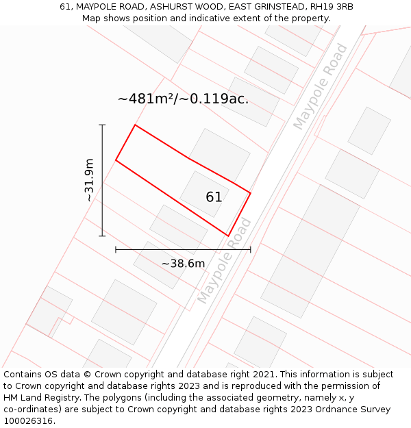 61, MAYPOLE ROAD, ASHURST WOOD, EAST GRINSTEAD, RH19 3RB: Plot and title map