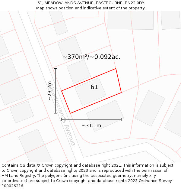 61, MEADOWLANDS AVENUE, EASTBOURNE, BN22 0DY: Plot and title map