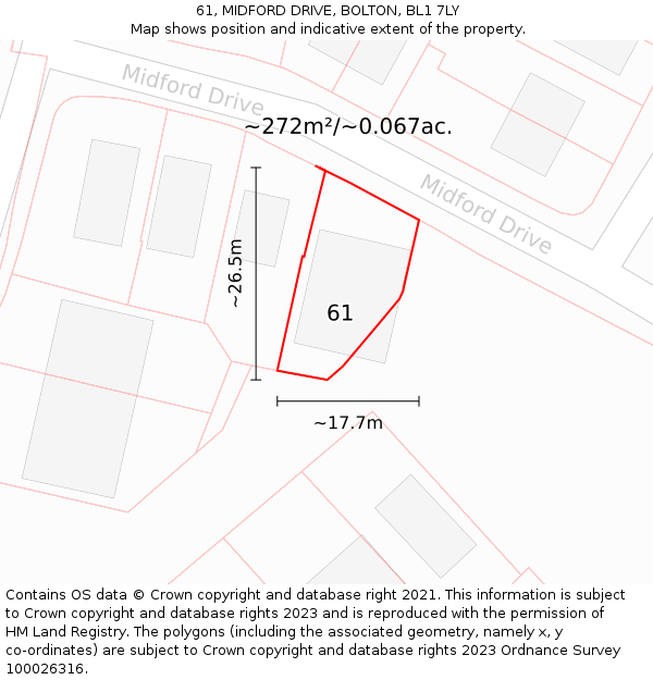 61, MIDFORD DRIVE, BOLTON, BL1 7LY: Plot and title map
