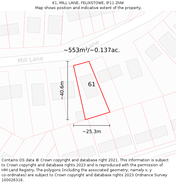 61, MILL LANE, FELIXSTOWE, IP11 2NW: Plot and title map