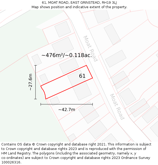 61, MOAT ROAD, EAST GRINSTEAD, RH19 3LJ: Plot and title map