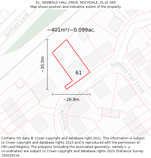 61, NEWBOLD HALL DRIVE, ROCHDALE, OL16 3AG: Plot and title map