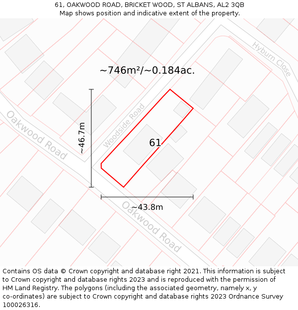 61, OAKWOOD ROAD, BRICKET WOOD, ST ALBANS, AL2 3QB: Plot and title map