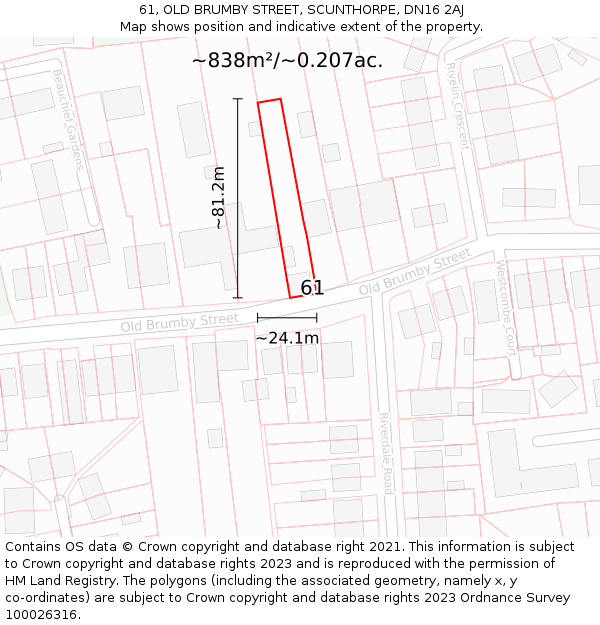 61, OLD BRUMBY STREET, SCUNTHORPE, DN16 2AJ: Plot and title map