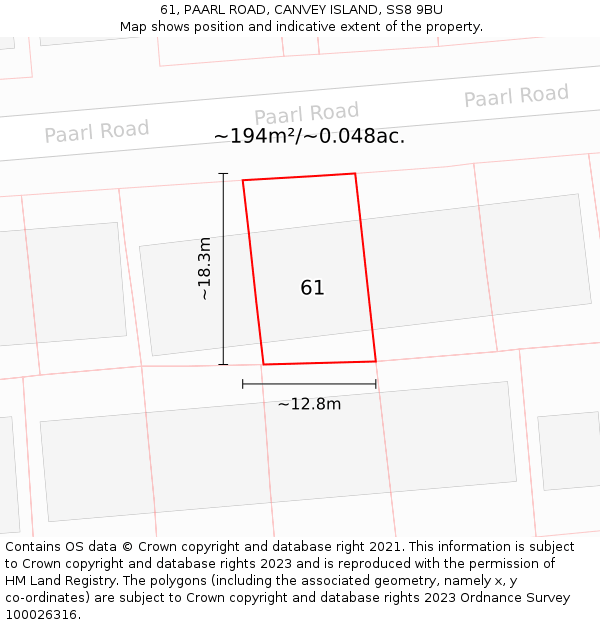 61, PAARL ROAD, CANVEY ISLAND, SS8 9BU: Plot and title map