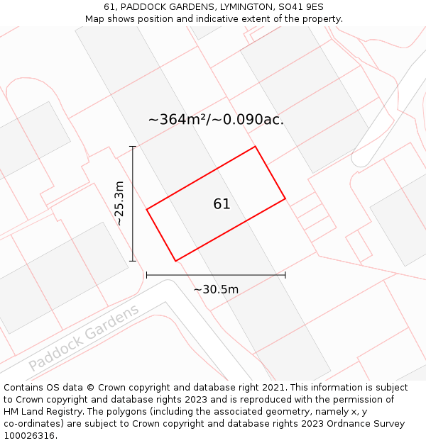 61, PADDOCK GARDENS, LYMINGTON, SO41 9ES: Plot and title map